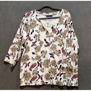 Karen Scott Women's 3/4 Sleeve Fall Floral Print V-Neck Blouse Size 2X Autumn